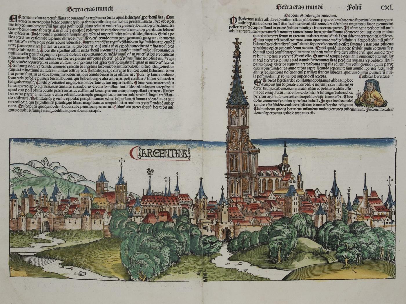Vista colorida de Estrasburgo em 1493, com a torre da catedral no centro