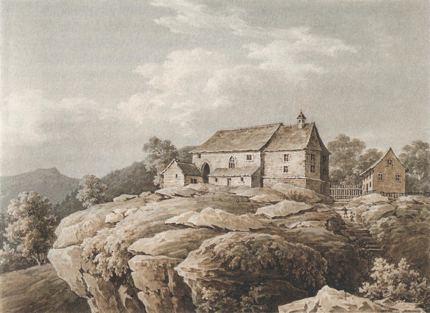 Desenho da capela de São Vito encaixada na rocha, perto de Saverne