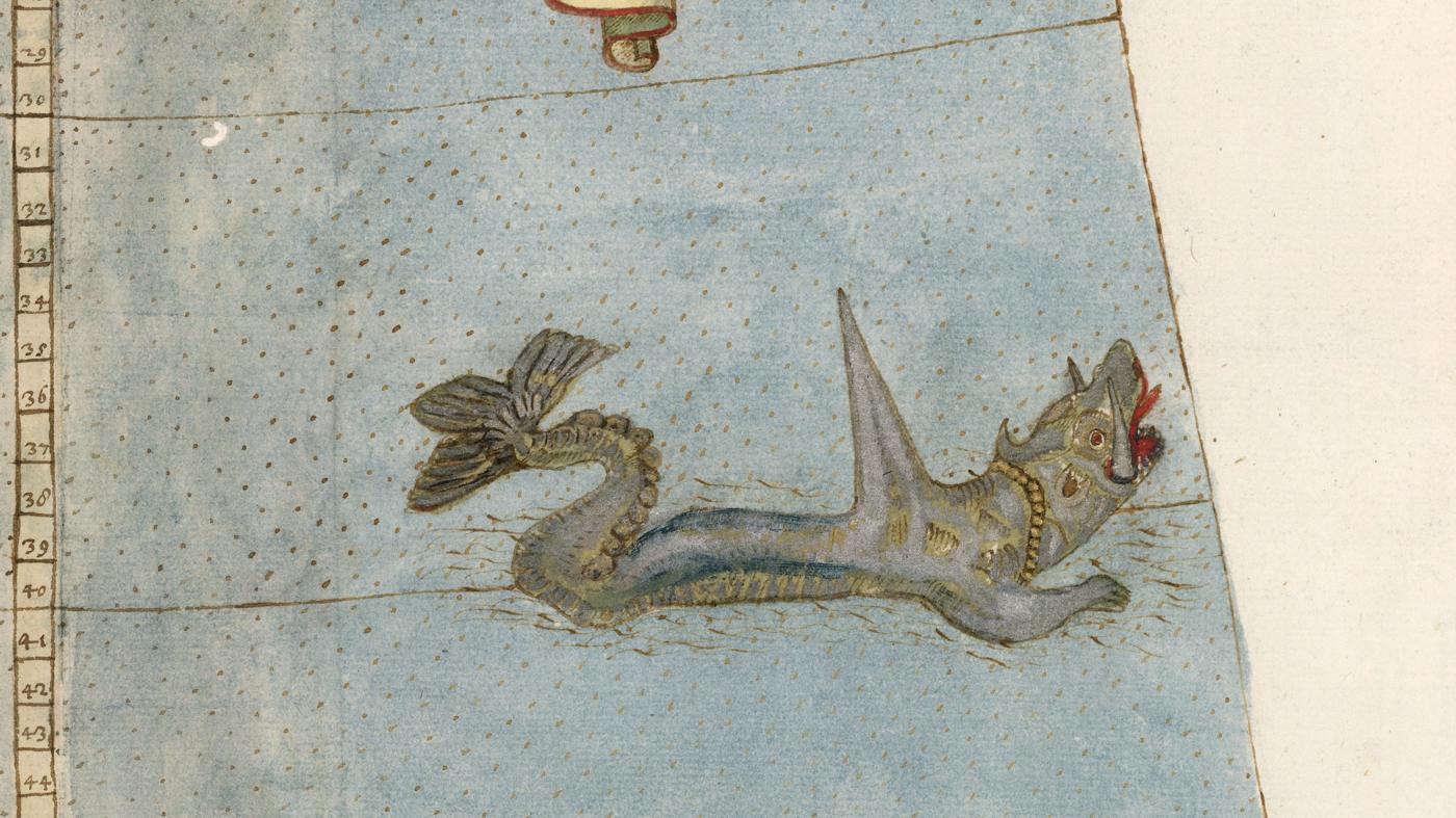 Monstro com barbatana de dragão no mapa de 1587