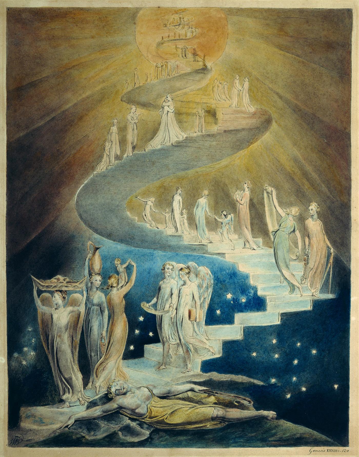 Aquarela de Jacó dormindo e anjos subindo e descendo uma escada em espiral